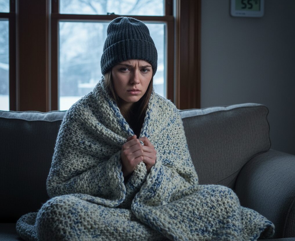 A cold girl wrapped in blankets