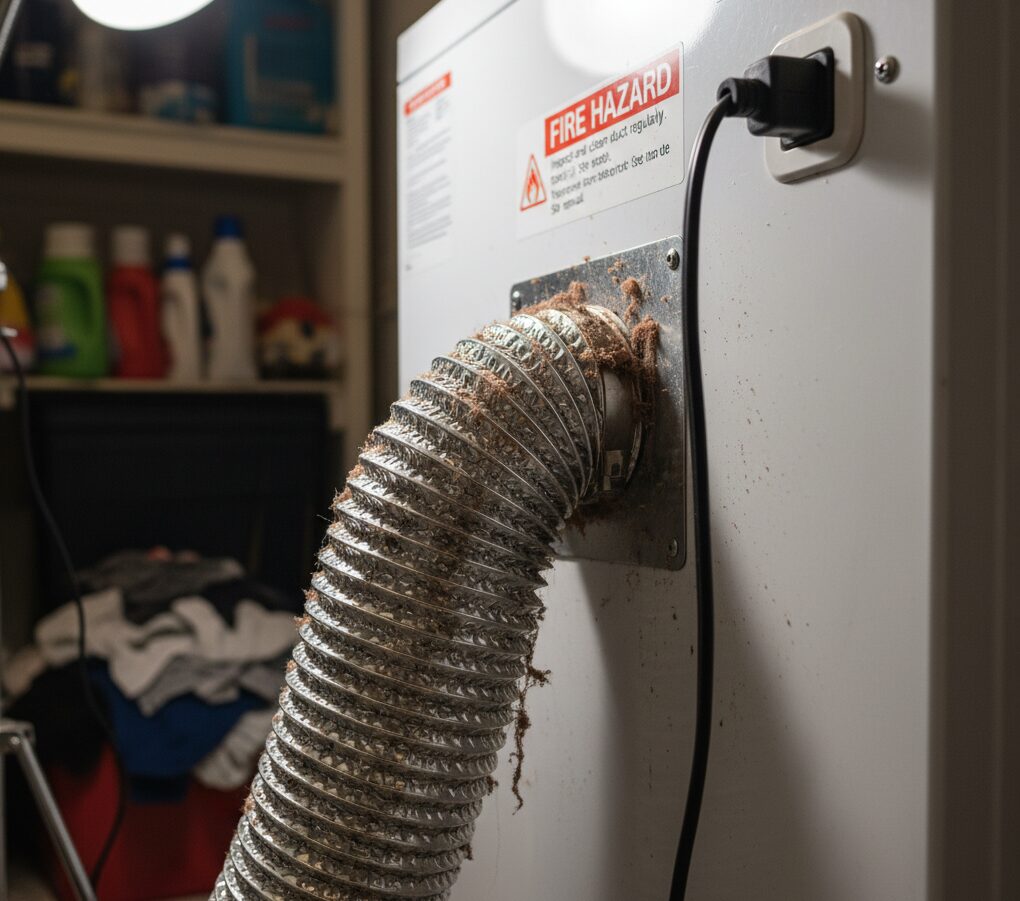The back of a dryer where dirt and dust have built up