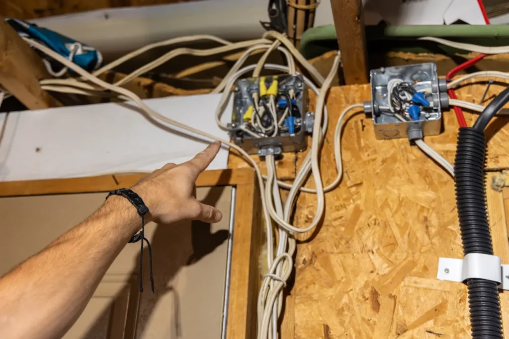 Electrician is pointing at an electrical box with exposed wires during an inspection in an attic