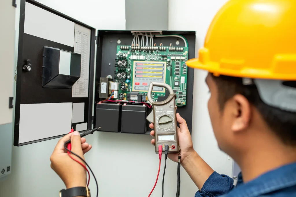 Electrician working use digital clamp meter in hands of electrician, close-up against background of electrical wires and relays.