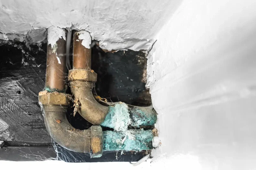 Corroded copper pipes with blue-green buildup on joints inside a wall cavity